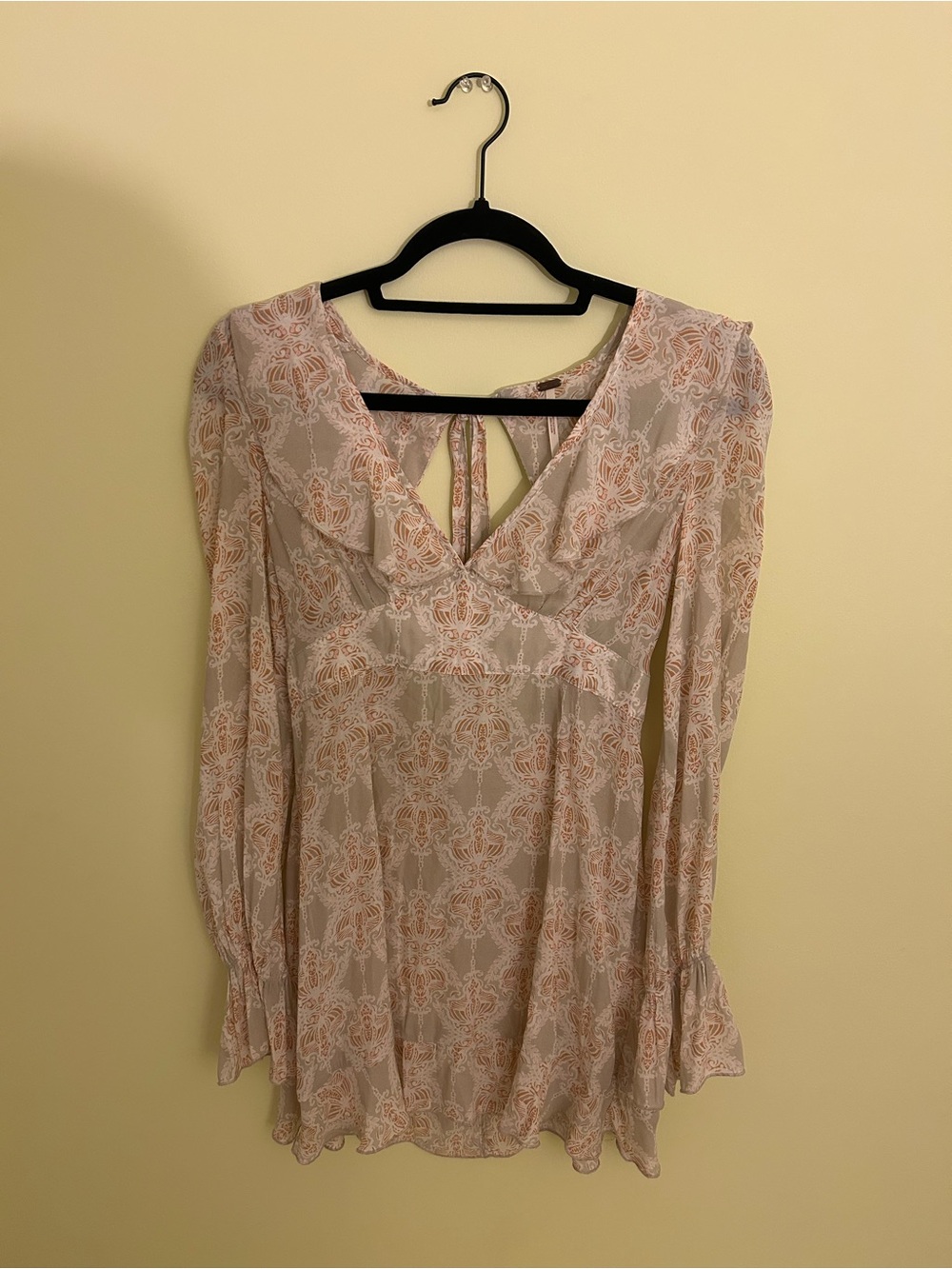 Free People Blush & Cream Lace-Pattern Long-Sleeve Mini Dress